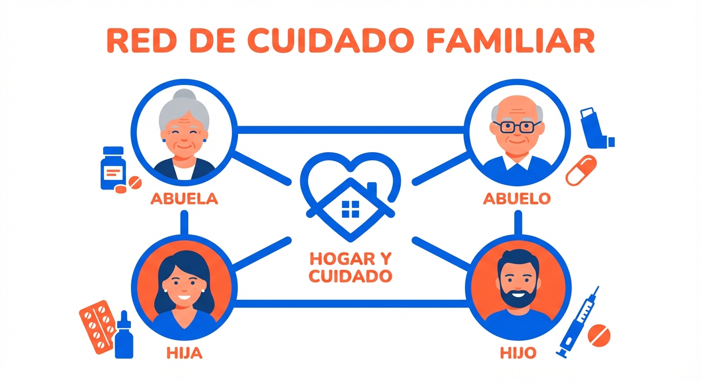 Ilustración de red de cuidado familiar conectando abuelos, hijos y nietos con iconos de medicinas