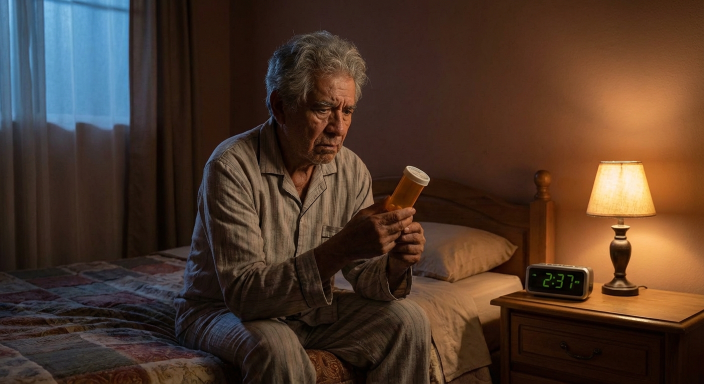 Señor mayor sentado en su cama de noche mirando preocupado un frasco de pastillas vacío