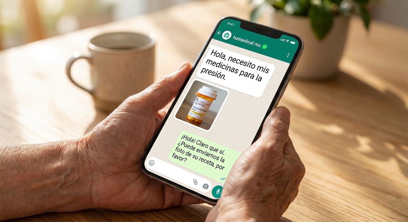 Manos de persona mayor sosteniendo teléfono con conversación de WhatsApp pidiendo medicinas