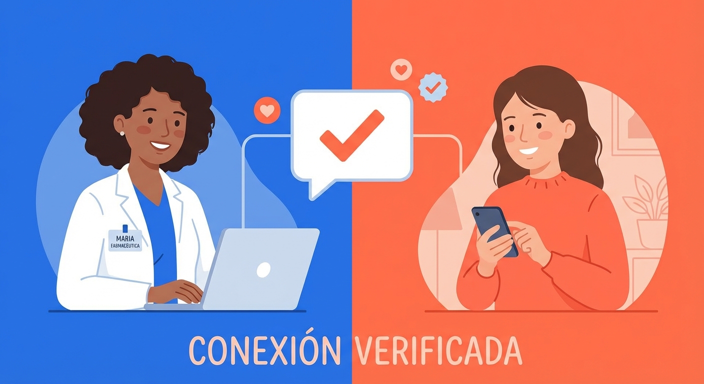 Ilustración de farmacéutica conectada con cliente verificando pedido