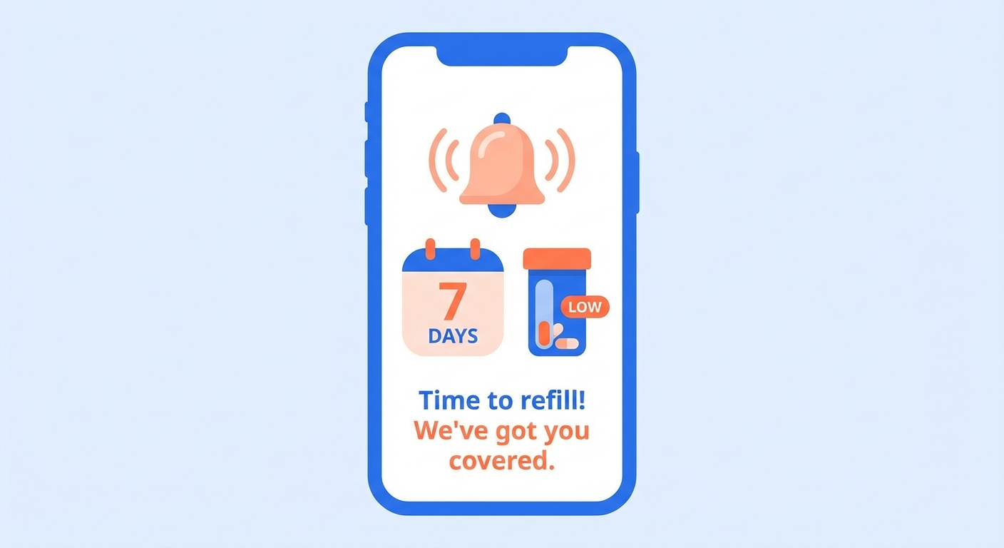 Ilustración de smartphone mostrando alerta de 7 días y frasco de medicinas con indicador bajo