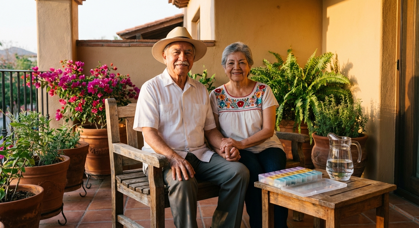 Pareja de adultos mayores sentados tranquilos en su patio con organizador de medicinas