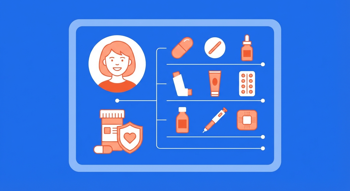 Ilustración de perfil digital con iconos de diferentes tipos de medicinas organizados