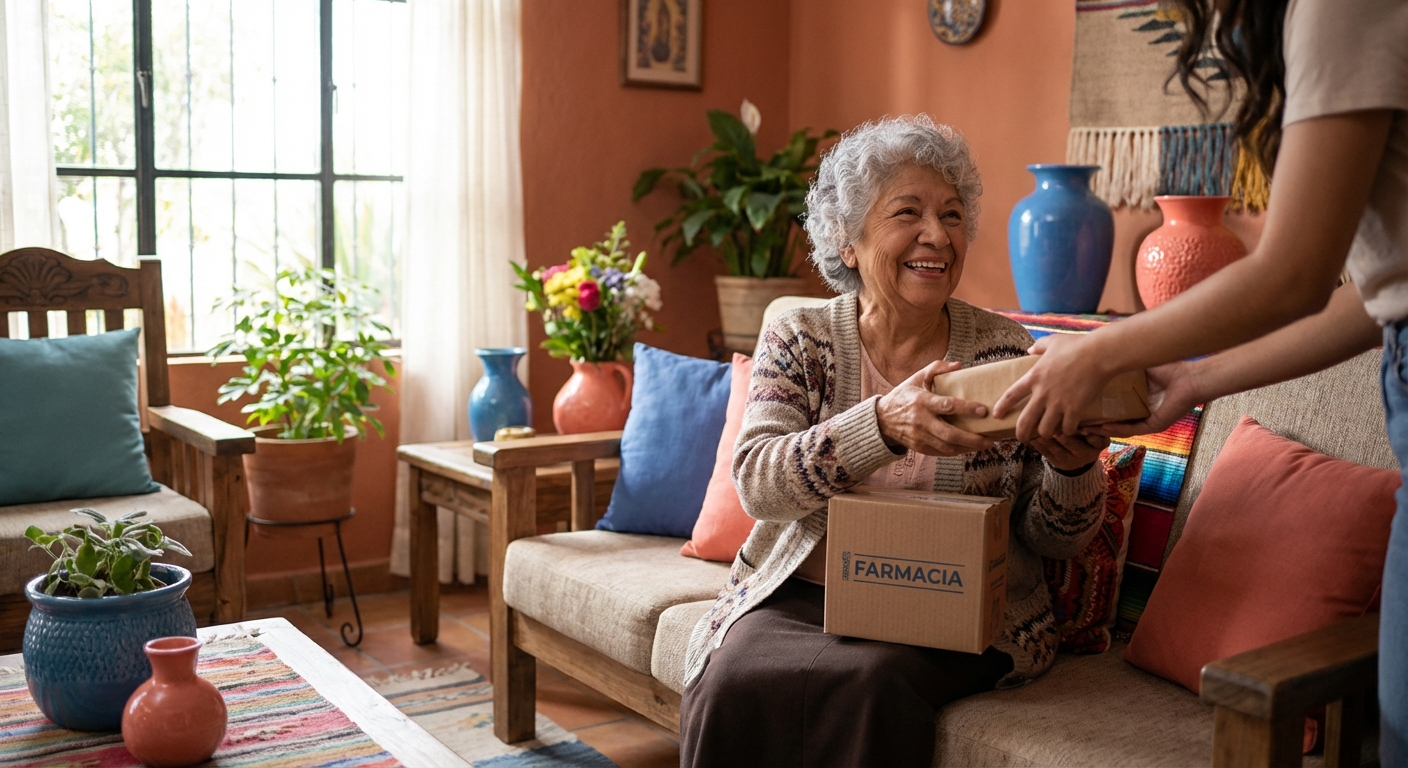 Abuela mexicana sonriente recibiendo su paquete de medicinas en casa